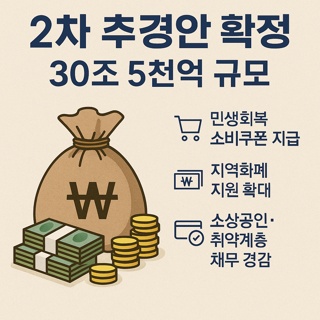 확정된 추경안의 규모는 30조 5천억원, 민생회복 소비쿠폰, 지역화폐지원, 채무경감에 쓰임